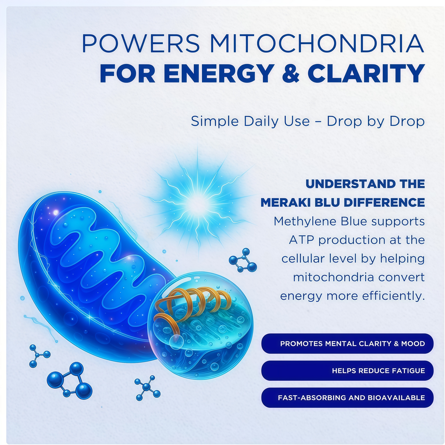 Meraki Methylene Blue Drops – Pharmaceutical Grade Nootropic Supplement for Brain Health - Dietary Supplement Support for Focus & Clarity – Third-Party Tested Formula – 30ml Glass Dropper Bottle