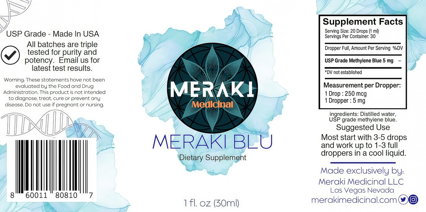Meraki Methylene Blue Drops – Pharmaceutical Grade Nootropic Supplement for Brain Health - Dietary Supplement Support for Focus & Clarity – Third-Party Tested Formula – 30ml Glass Dropper Bottle